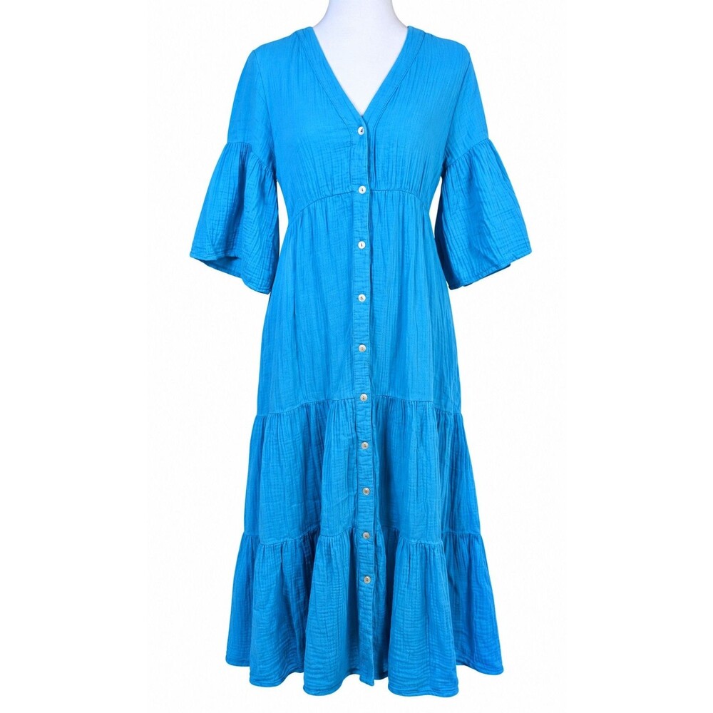 Xirena Blue Gauze Tiered Maxi Dress Size S Button Front Boho Coastal Cottagecore